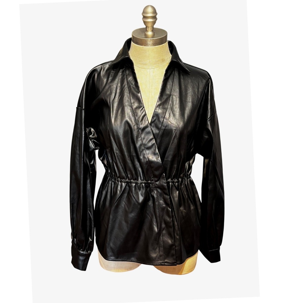 Strut & Bolt Black Faux Leather Wrap Top Elastic Waist Peplum T-6385-H NWT Large